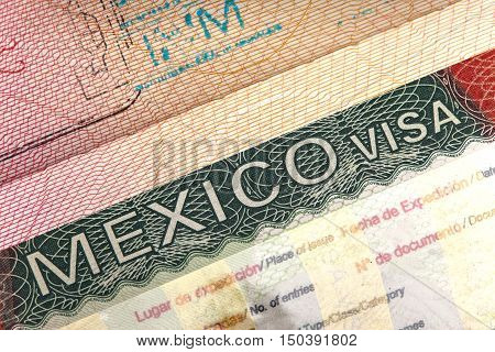 visa of Mexico in the international passport and Mexican pesos closeup