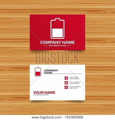 Business card template. Battery half level sign icon. Low electricity symbol. Phone, globe and pointer icons. Visiting card design. Vector