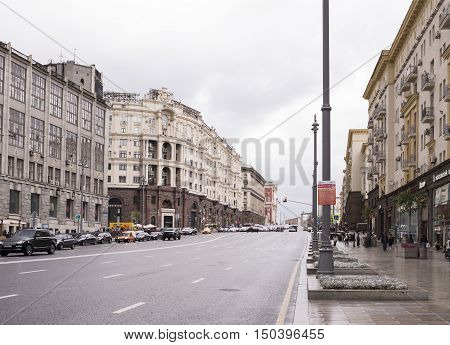 Moscow Russia -September 082016: Along Tverskaya Street moving cars and pedestrians