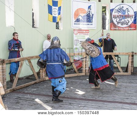 Rostov-on-Don Russia- October 01 2016: Fight knights in the arena of the park W. Cherevichkin