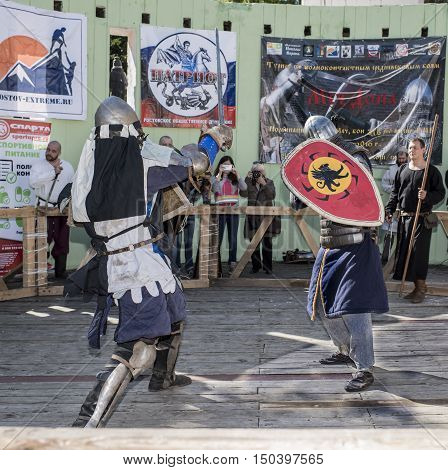 Rostov-on-Don Russia- October 01 2016: Fight knights in the arena of the park W. Cherevichkin
