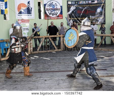 Rostov-on-Don Russia- October 01 2016: Fight knights in the arena of the park W. Cherevichkin
