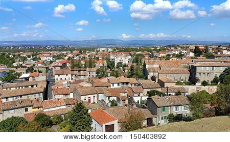 Carcassonne lower town panorama Region of Occitania France