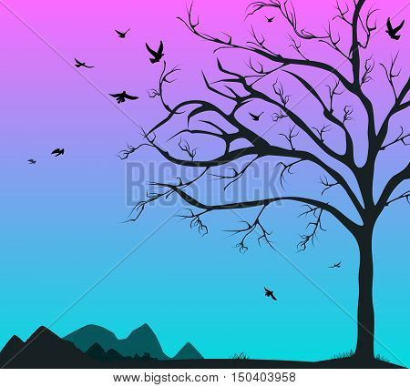 Silhouette of a tree and the birds of the mountains at dawn