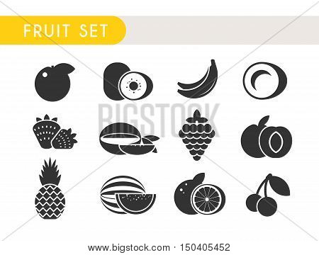 Set vector icons. Fruits: Apple, kiwi, coconut, banana strawberry mango grape peach pineapple watermelon orange cherry