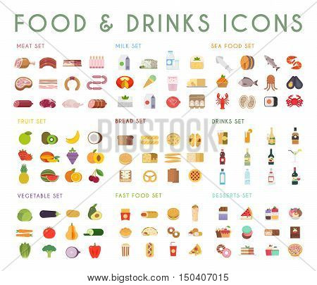 Food and drink flat vector icons set. Meat, milk, bread, seafood, fruits, vegetables, alcohol fast food dessert