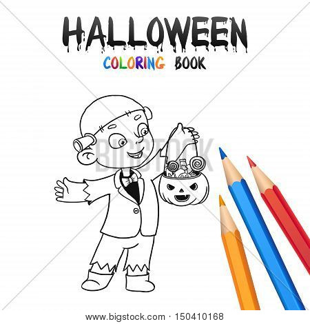 Cheerful kid trick or treating in Halloween costume Frankenstein. Halloween Coloring Book. Illustration for children vector cartoon character isolated on white background.