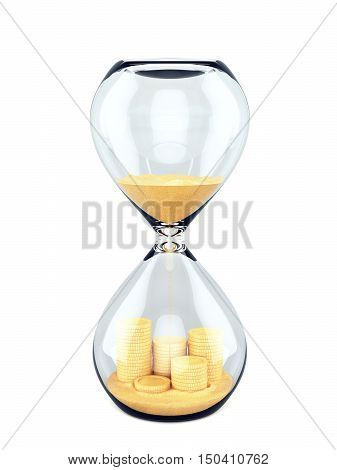 Time is money concept with falling sand taking the shape of a coins stack. 3d rendering