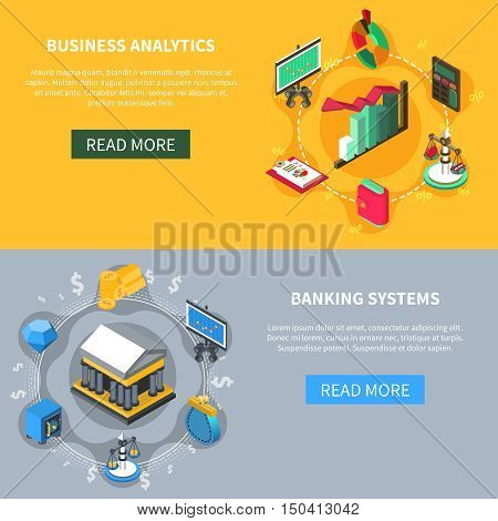 Business analytics and banking systems financial isometric icons banners set with diagrams money  scales symbols vector illustration