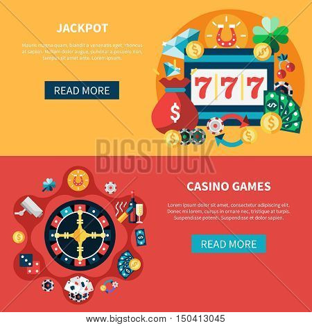 Casino horizontal banners set with jackpot pockie dice roulette games flat illustration