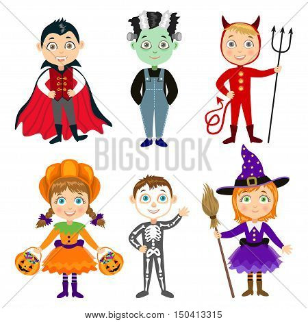 Set of Children in halloween costumes. Vampire Dracula devil witch pumpkin zombie skeleton. Halloween characters