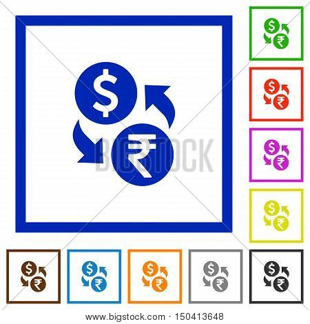 Set of color square framed Dollar Rupee exchange flat icons
