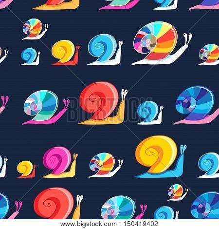 Beautiful pattern with colorful snails on a dark background