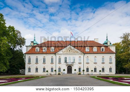 Nieborow Poland - September 30 2016: Back view of Radziwill family palace of Nieborow in baroque style surrounded by a french garden.
