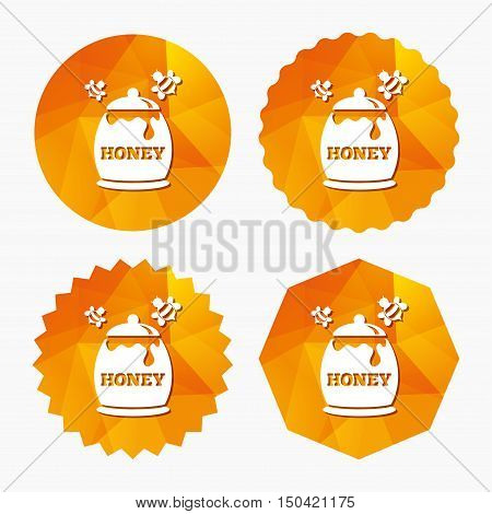 Honey in pot with flying bees sign icon. Sweet natural food symbol. Triangular low poly buttons with flat icon. Vector