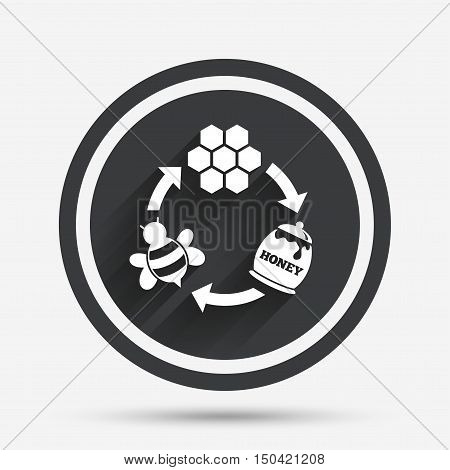 Producing honey and beeswax sign icon. Honeycomb cells symbol. Honey in pot. Sweet natural food cycle in nature. Circle flat button with shadow and border. Vector