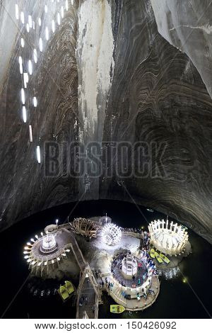 TURDA, ROMANIA - AUGUST 19TH 2016 - Inner view of Turda Salt Mine, wellknown landmark in Transylvania, Romania, Europe