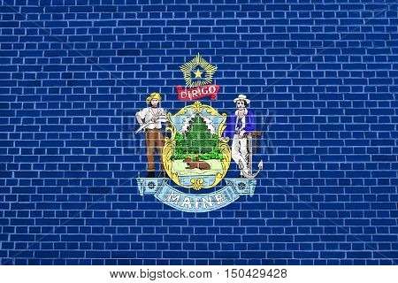 Mainer official flag symbol. American patriotic element. USA banner. United States of America background. Flag of the US state of Maine on brick wall texture background, 3d illustration