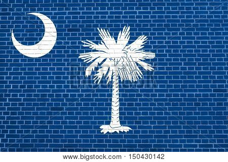 South Carolinian official flag symbol. American patriotic element. USA banner. United States of America background. Flag of the US state of South Carolina on brick wall texture background, 3d illustration