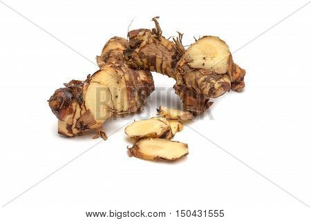 Galanga Greater Galangal False Galangal isolated on the white background. Scientific name Alpinia galanga