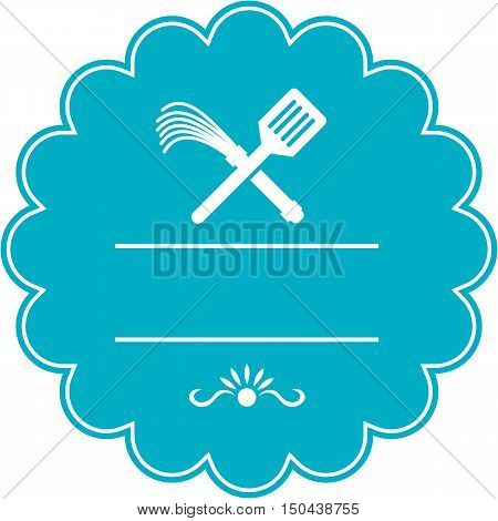 Illustration of a spatula crossed with a flogger whip set inside rosette done in retro style.