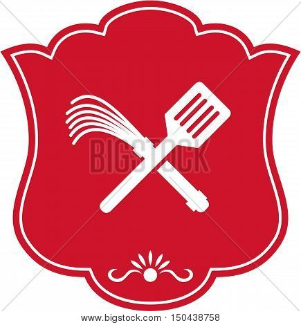 Illustration of a spatula crossed with a flogger whip set inside shield crest done in retro style.
