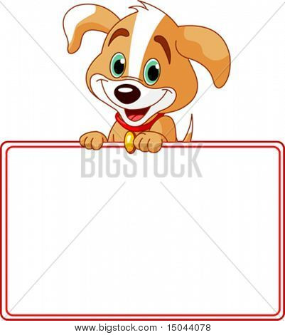 Filhote de cachorro adorável olhando por cima do sinal estrelado em branco