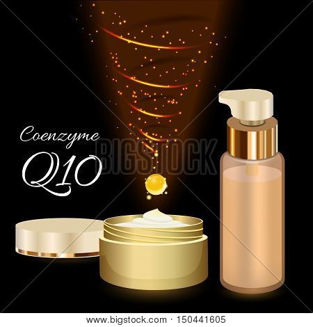 Skin Cream and Emulsion with Coenzyme Q10. Magic Spiral Drop. Collagen Solution. Supreme Collagen Serum Essence. Vector Illustration. Used for Medicine Banner, Poster, Cosmetics Advertising.