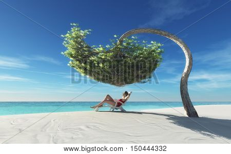 Young beautiful woman relaxing in a sunbed under a bent tree by the ocean. This is a 3d render illustration