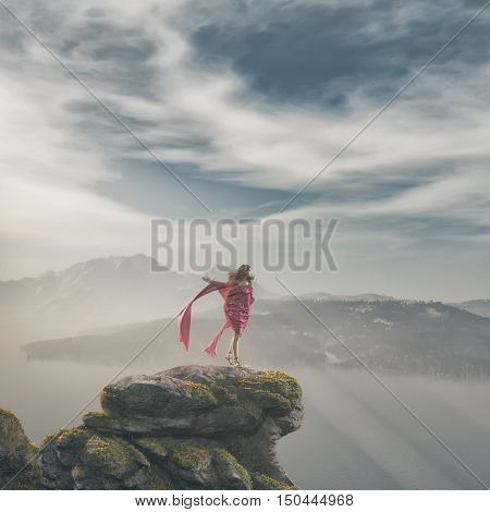Girl in a pink dress standing on a rock admiring the mountain landscape. This is a 3d render illustration
