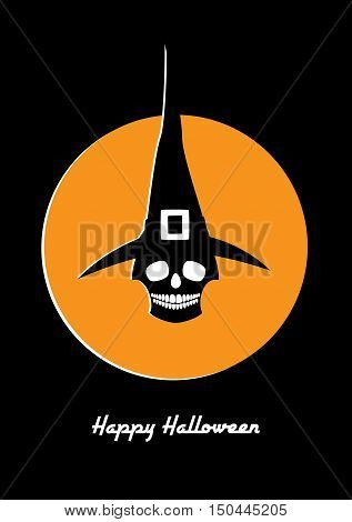 Halloween retro styled greeting card. Vector illustration of a skull in a witch hat. White and orange colors on a black background. Vertical format.