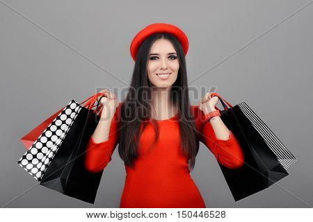 Happy Fashionable Woman Wearing Red Dress Holding Shopping Bags