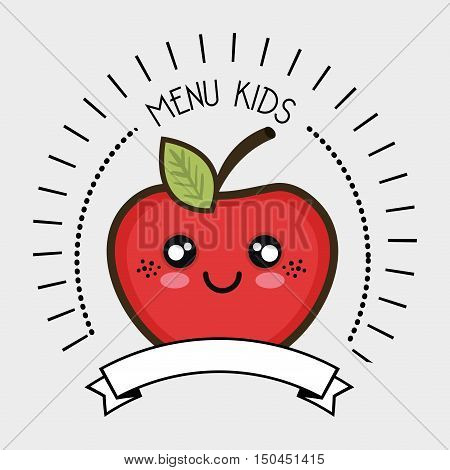red apple fruit kawaii cartoon with happy expression face and ribbon. menu kids theme colorful design. vector illustration