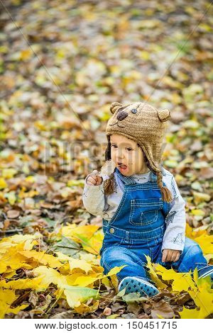 Happy happy baby sitting in the park with yellow leaves in autumn in bear cap. In autumn park kid sitting in yellow leaves. Cheerful baby sitting in the park in bear cap. Warm autumn day in the park.