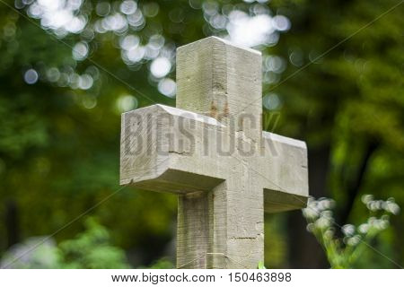Old statues on the graves and gravestones in the Lychakiv Cemetery