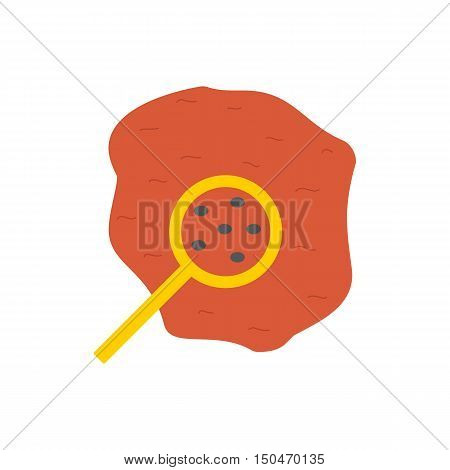 Vector illustration with flat drop of blood with magnifier. Red flat vector icon on white background. Medical exams tests science biology research. Microscopic organisms in blood concept