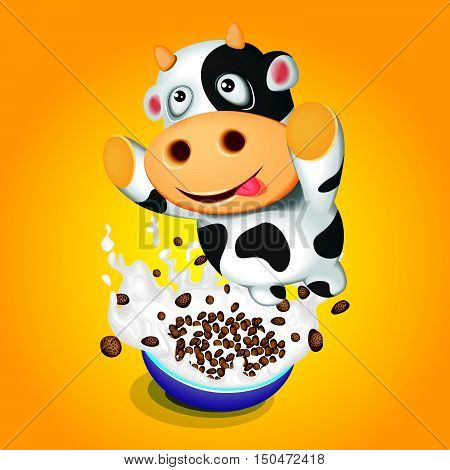 Cereal Bowl with Splash Milk and Cartoon Cow Happy Breakfast
