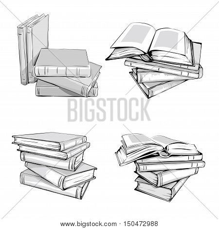 Books set. Opened and closed books stacked books and single book isolated on white background.