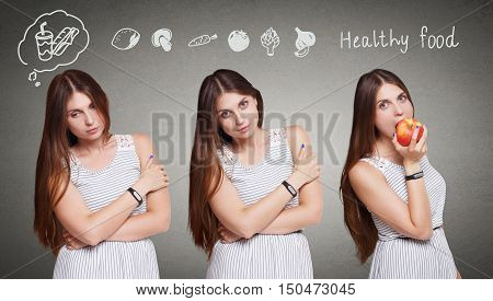 Choose healthy food, eat right, diet concept. Beautiful long-haired young woman with thinking cloud about fast food and vegetables decides to eat red apple. Healthy lifestyle.