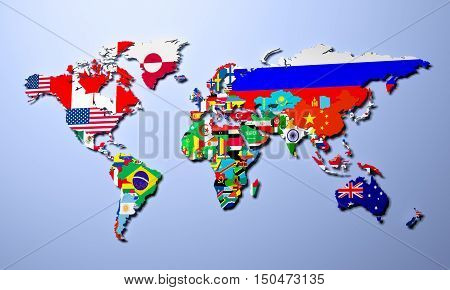The World Map With All States And Their Flags 3D Render