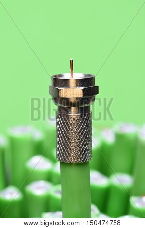 Coaxial F connector with cable close up