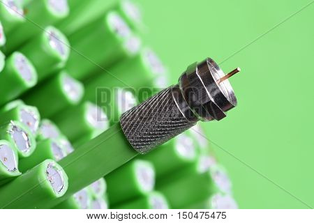 Coaxial F connector with cable close up