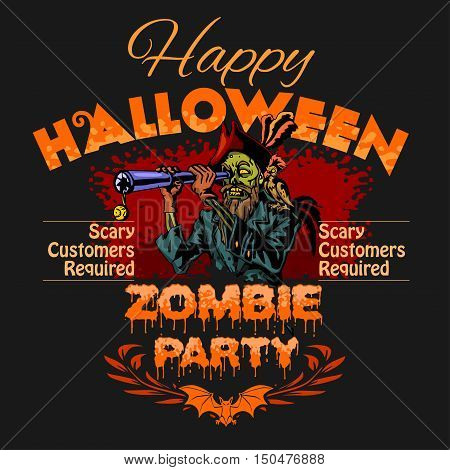 Halloween Party Design template with zombie and place for text on black background