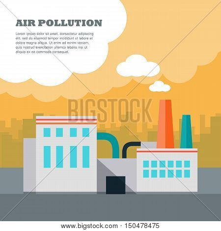 Air pollution concept. Factory building with pipes in flat. Air pollution by smoke coming out of two factory chimneys. Power plant smokestacks emitting smoke over urban cityscape. Vector illustration
