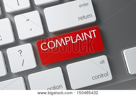 Complaint Concept Computer Keyboard with Complaint on Red Enter Key Background, Selected Focus. 3D Illustration.