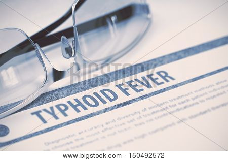 Typhoid Fever - Medicine Concept on Blue Background with Blurred Text and Composition of Specs. 3D Rendering.