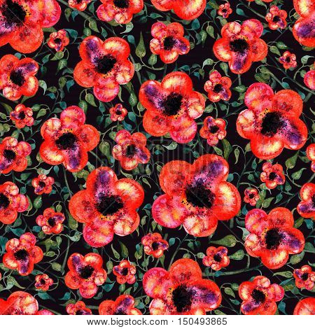 Seamless foliate watercolor ornament on white background and red flower on dark background
