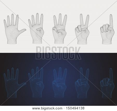 3D vector wireframe counting hand pose set in various style that you can flip for left or right hand