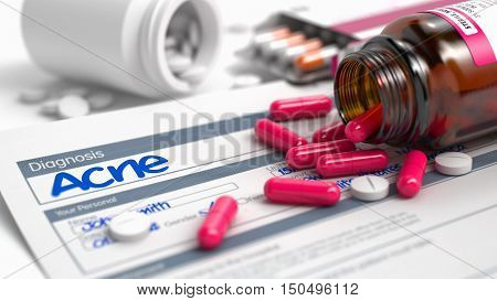 Acne Phrase in Disease Extract. Close View of Medical Concept. Handwritten Diagnosis Acne in the Anamnesis. Medicaments Composition of Red Pills, Blister of Pills and Bottle of Tablets. 3D.