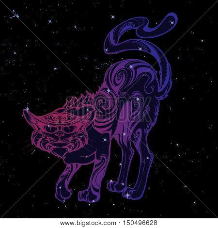 Halloween illustration. Cat with ornament isolated on white background. Intricate hand drawing. Halloween concept design. T-shirt print. Tattoo design. EPS10 vector illustration.